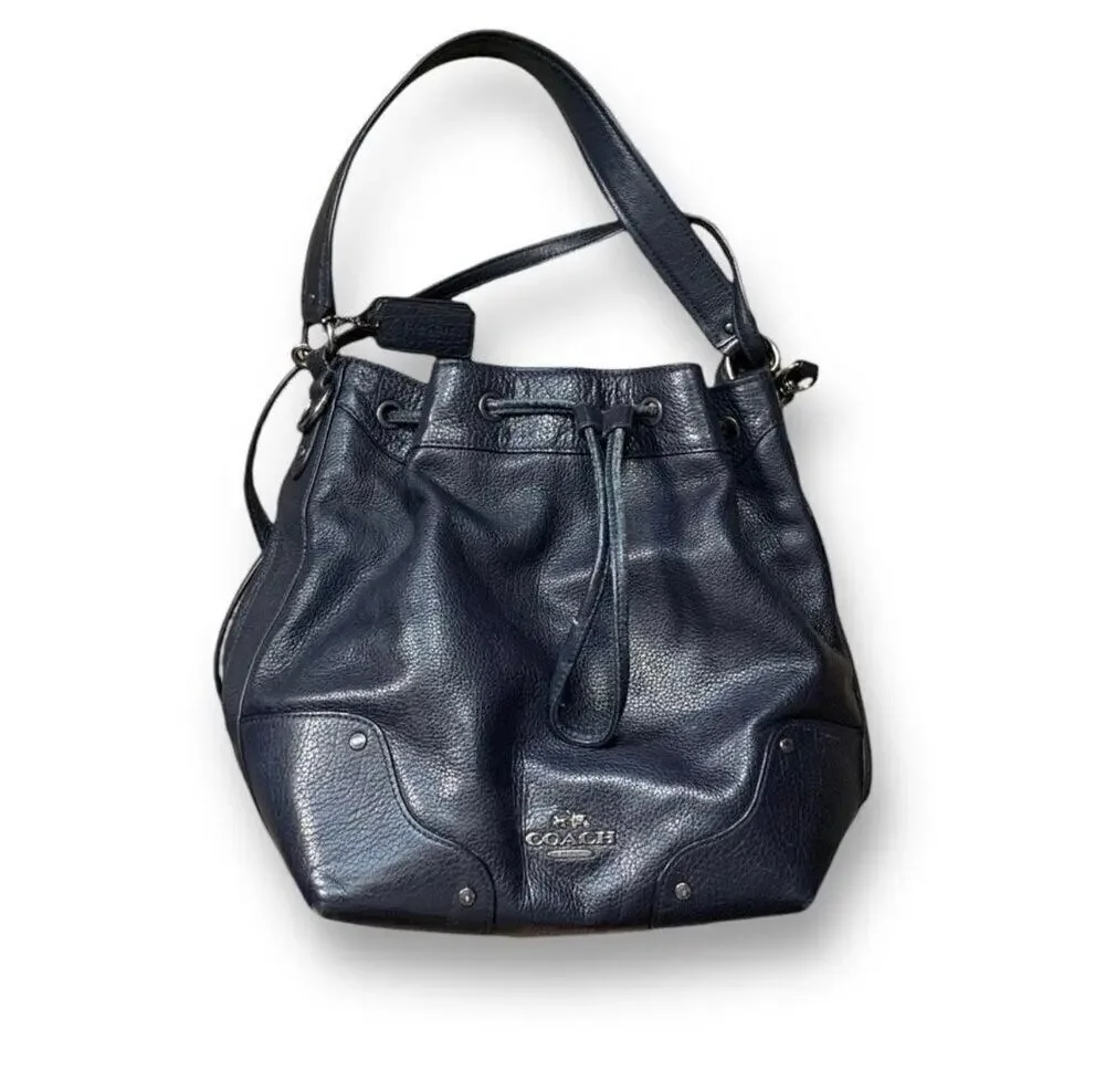 Coach Mickey Navy Blue Pebbled Leather Drawstring Bucket Bag Crossbody Classic